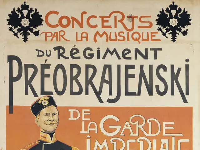 The image shows a poster advertising a concert for the Emperor of Russia, featuring a man in the...