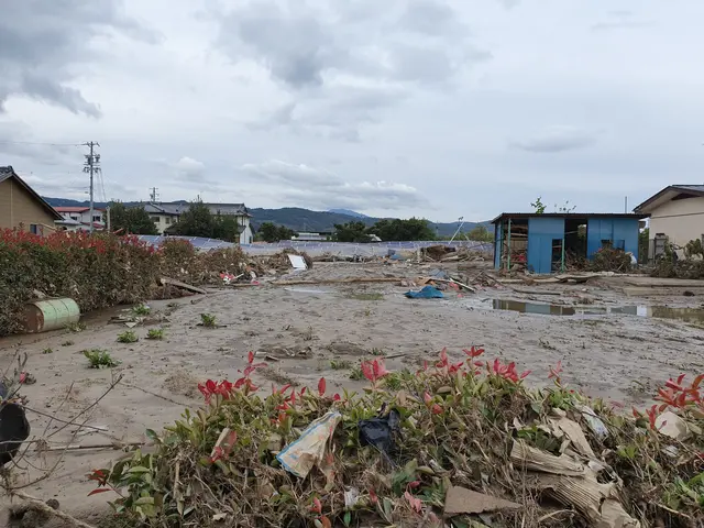 The image shows a flooded street in the middle of a small town with a lot of debris on the ground,...