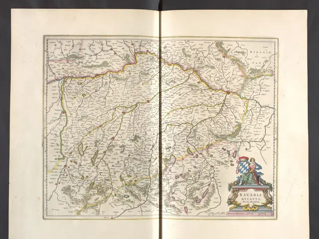 The image shows an open book with a detailed map of Bavaria, Germany, with a picture of a man and a...