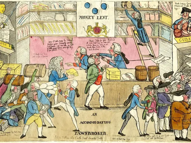 The image shows a cartoon depicting a group of people in a store, with some of them holding objects...
