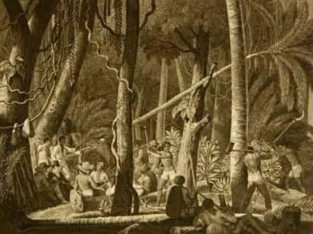 The image shows a black and white drawing of a group of people in the jungle, with trees and plants...