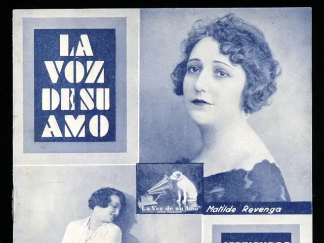 The image shows an old movie poster with a woman's face in the center, surrounded by pictures of...