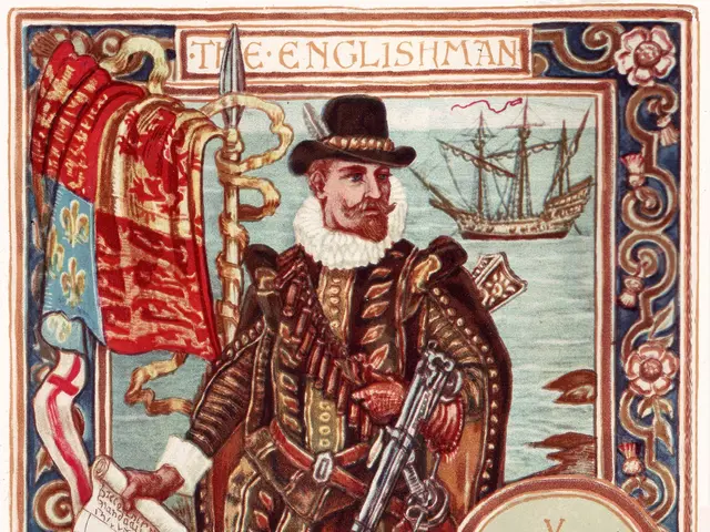 The image shows a man in a pirate costume holding a sword and a flag, standing in front of a ship...
