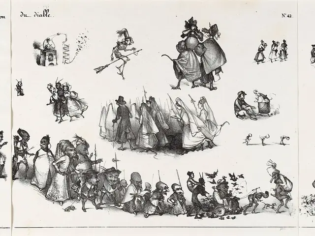 The image shows a page from a book with a drawing of a group of people in different poses. The...
