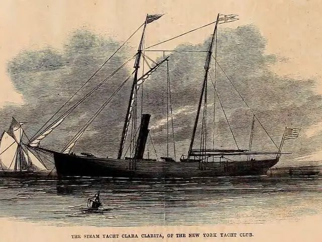 The image shows a drawing of a steam yacht, Clara Clarita, of the New York Yacht Club, sailing on...