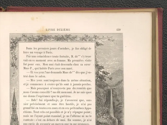 The image shows an open book with a drawing of a waterfall cascading down a rocky cliff, surrounded...