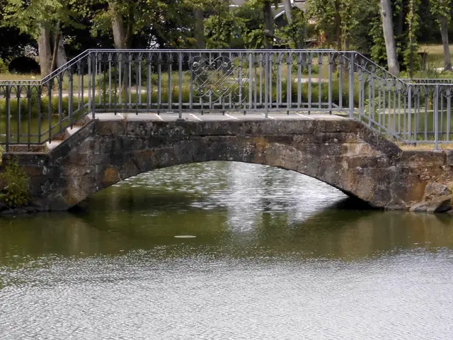 The image shows a stone bridge over a small pond in a park, with railings on either side. The pond...