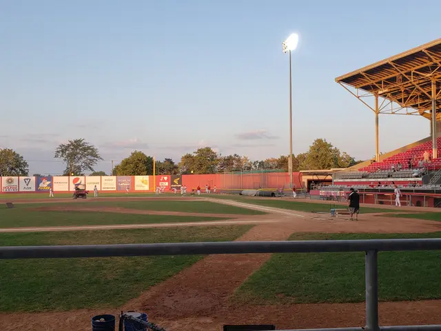 The image shows a baseball game being played in a stadium, with a group of people standing on the...