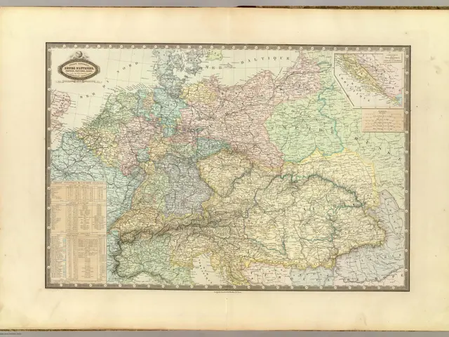 The image shows an old book with a map of Germany on it. The map is detailed and shows the various...
