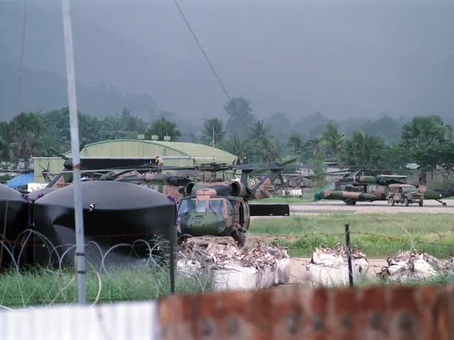 The image shows a group of military helicopters parked next to each other near a fence, surrounded...
