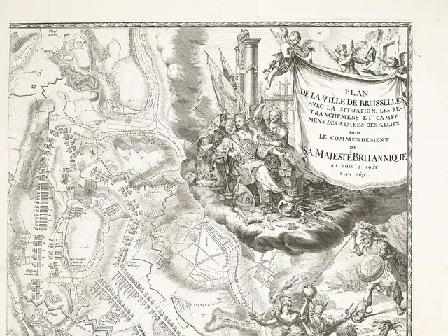 The image shows an old map of the city of London, England, with a few people and text written on...