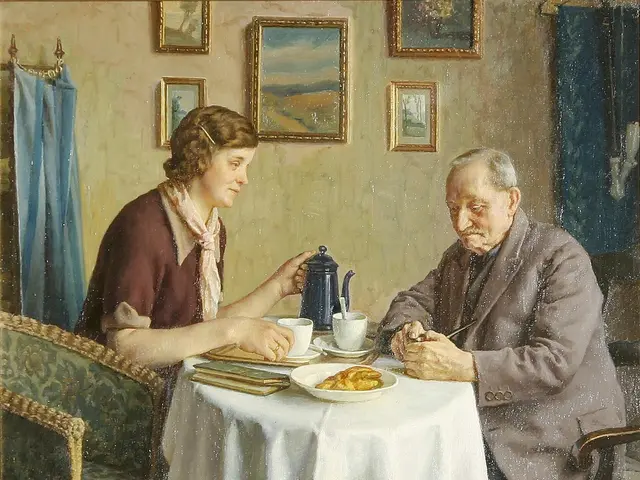 The image shows a painting of a man and woman sitting at a table, with a plate of food in front of...