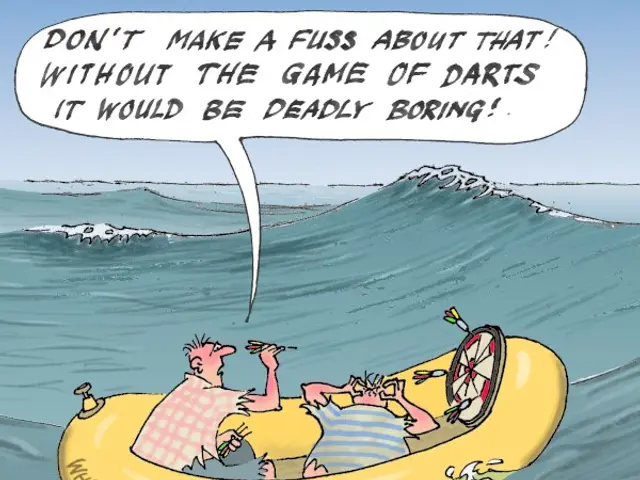 The image shows a cartoon of two people in a yellow inflatable boat on the water, with a sky in the...