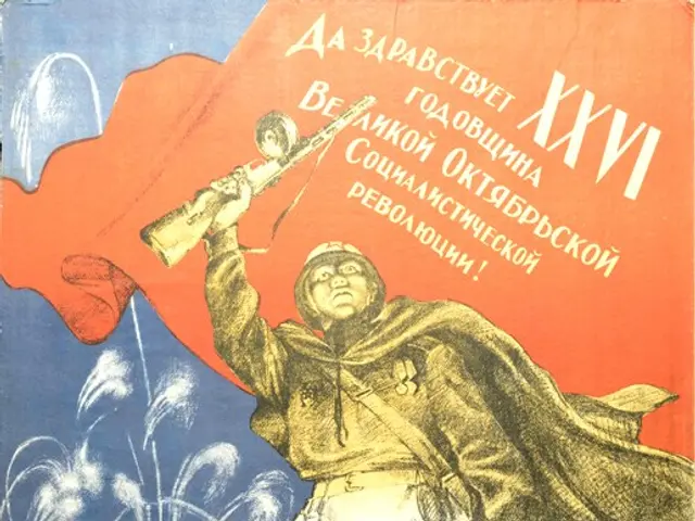 The image shows a Soviet propaganda poster on the wall of a building, depicting a person holding a...