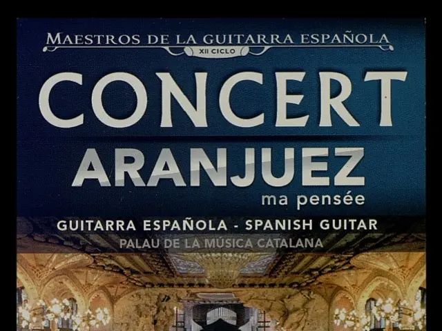 The image shows a poster for a concert in Aranjuez, Spain, featuring a guitar in the center. The...
