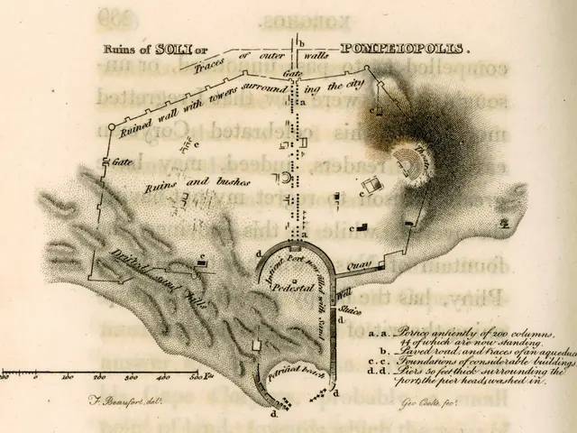 The image shows an old book with a map of a city on it. The map is detailed and shows the various...