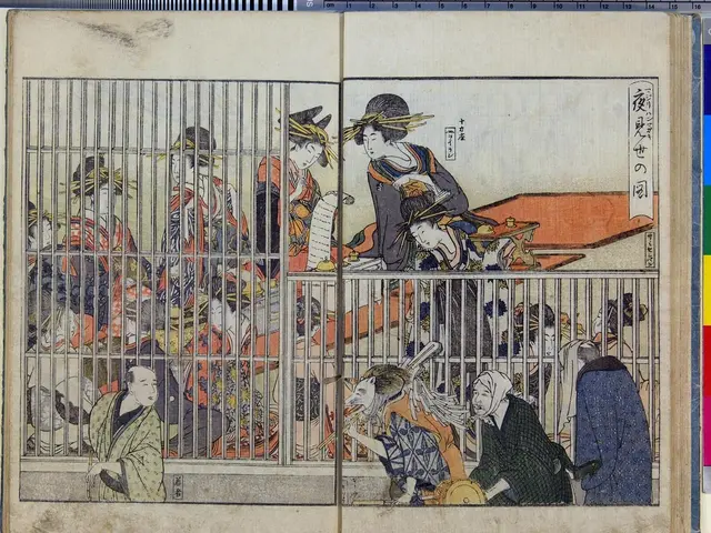 The image shows an open book with a drawing of a group of people in a cage, surrounded by grilles...