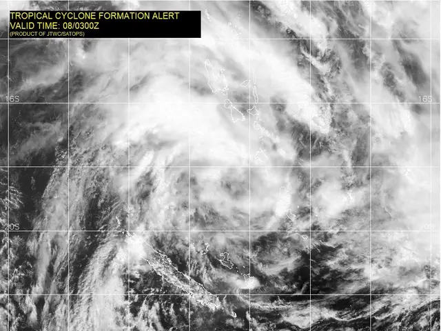 The image shows a black and white photo of a tropical cyclone formation alert, with text at the top...