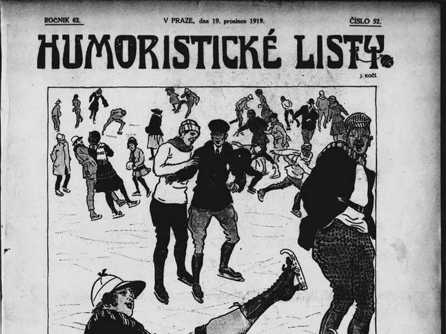 The image shows a black and white cartoon of a group of people skating on an ice rink, with the...