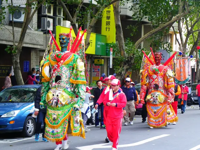 The image shows a group of people walking down a street in a Chinese New Year parade. They are...