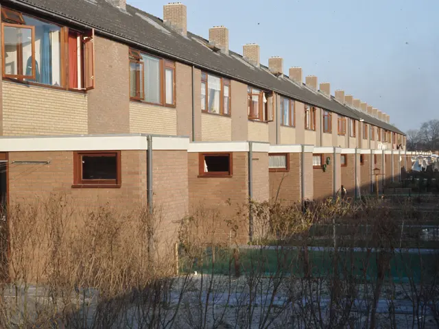 The image shows a row of terraced houses in a residential area, with windows, plants, grass, a...
