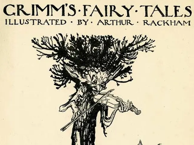 The image shows a paper with a drawing of Grimm's Fairy Tales illustrated by Arthur Rackham, with...