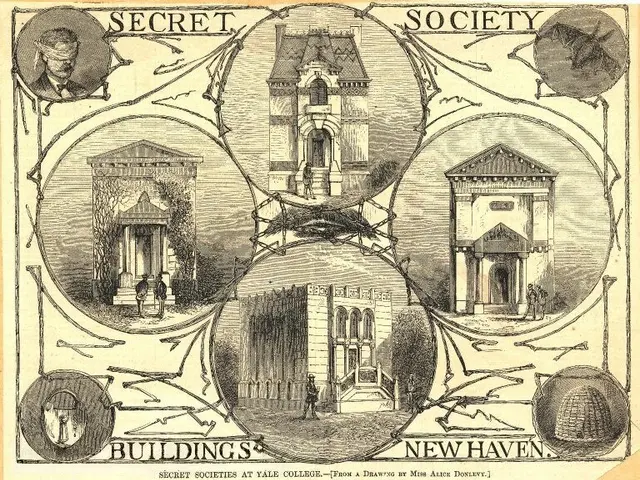 The image shows an old book with a drawing of a building on it, surrounded by pictures of people...