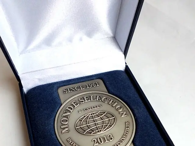 The image shows a silver award in a blue box on a white surface. The award is engraved with text,...