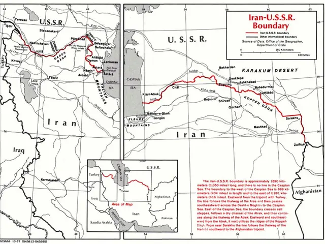 The image shows a poster with a map of the Iranian-USSR boundary, with text detailing the various...