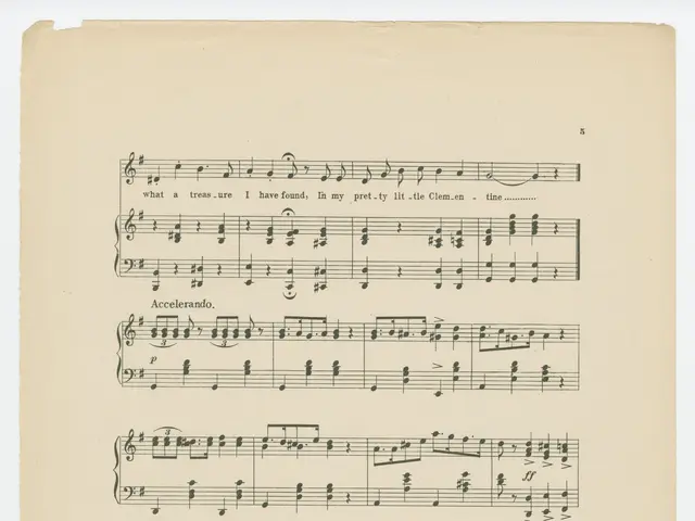 The image shows a sheet of music with a variety of colors at the bottom. The paper is filled with...