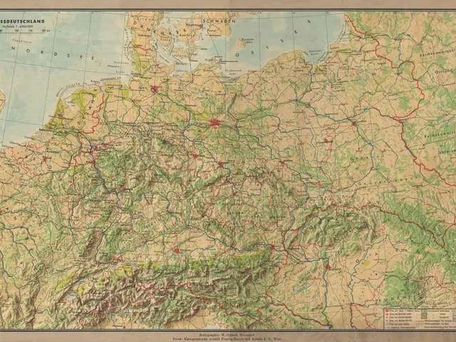 The image shows an old map of Germany with roads and highways, as well as text at the top and...