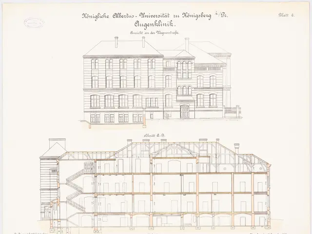 The image shows a drawing of a large building with a lot of windows, which is identified as the...