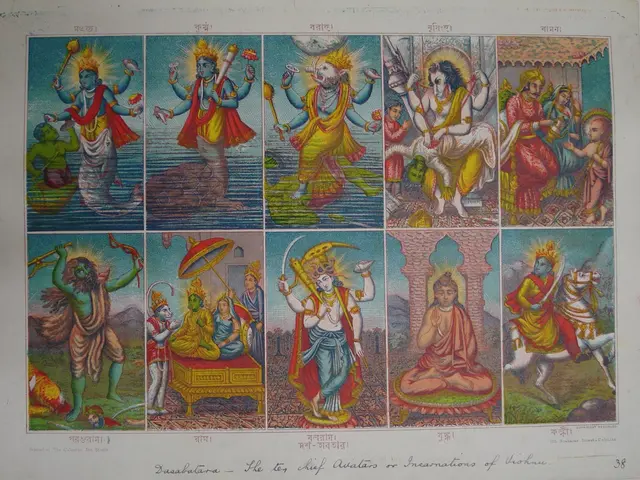 The image shows an old book with a variety of Hindu deities on it, depicting the life of the Chief...