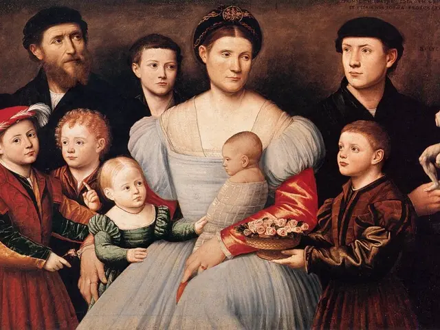 The image shows a painting of a family with a woman in the center, holding a baby in her arms and a...