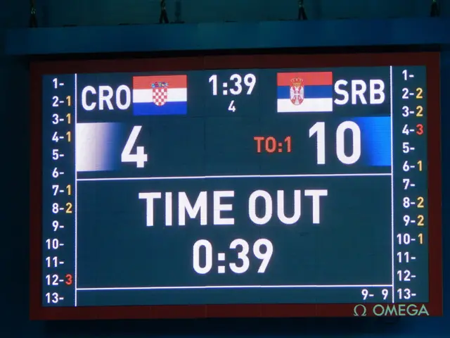 The image shows a large electronic scoreboard with the words "Croatia vs Serbia" displayed on it,...