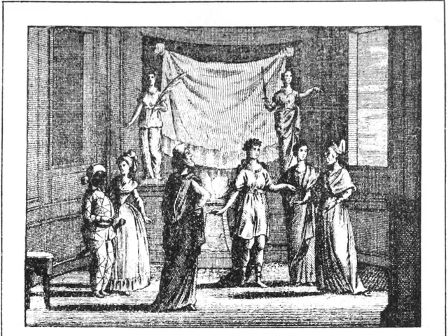 The image shows a black and white drawing of a group of people standing in front of a stage, with a...