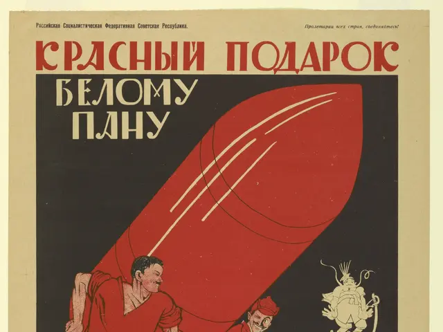 The image shows a Russian propaganda poster for the Soviet Union featuring two men in red uniforms,...