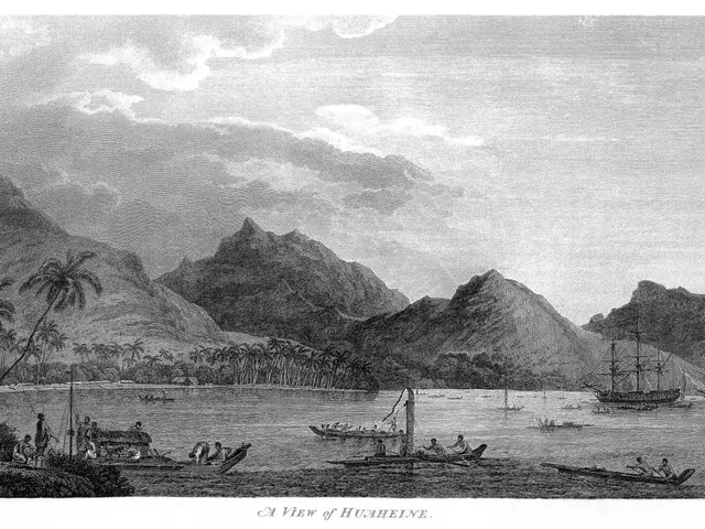 The image shows a black and white drawing of a view of the Hawaiian island of Hawaii, with boats on...