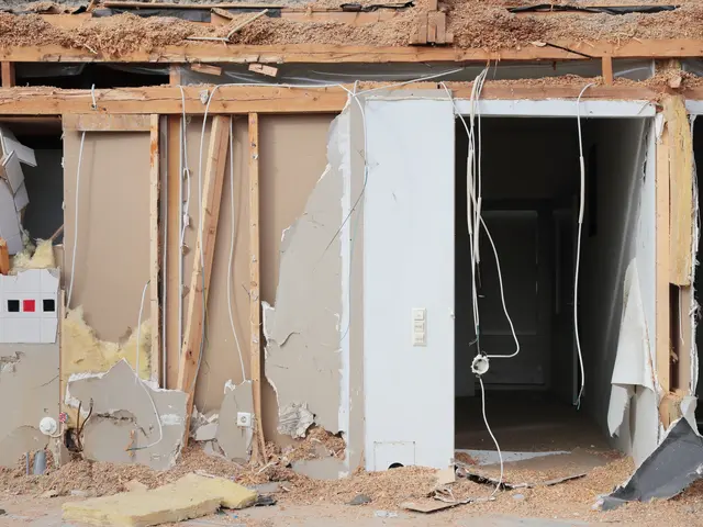 The image shows a house that has been torn down and is in the process of being demolished. We can...