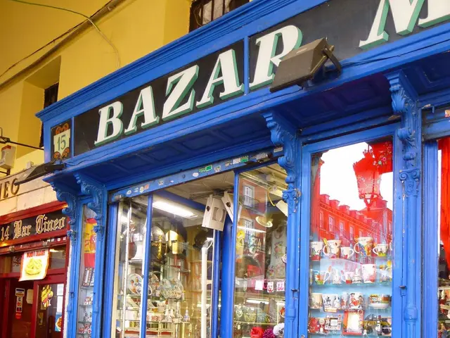 The image shows a store front with a blue door and a sign that reads "Bazaar" on it. Inside the...