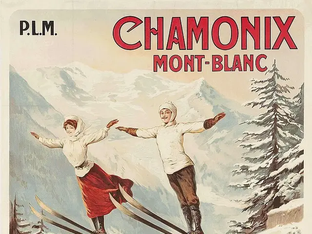 The image shows a poster advertising the Chamomix Mont-Blanc ski resort in France. It features two...