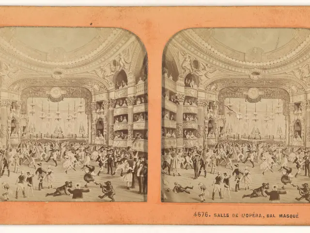 The image shows an old photo of a large crowd of people in a theater, with two pictures of the...
