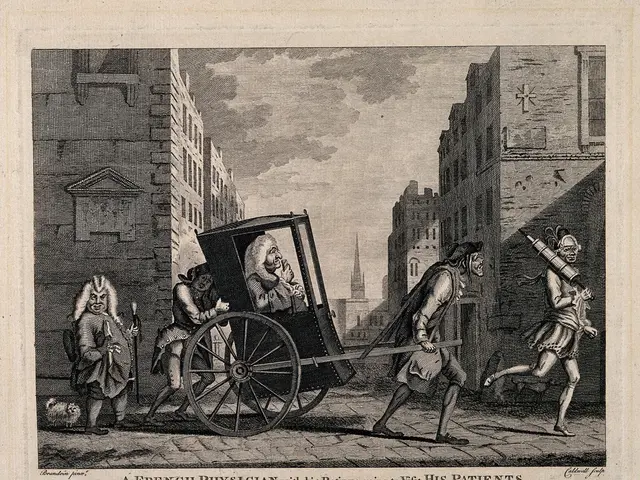 The image shows a French physician with his return going to visit his patients, depicted in a black...