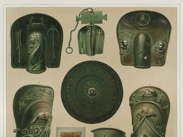 The image shows a paper with a variety of green objects, including a knife and other items, on it.