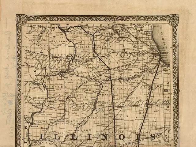 The image shows an old map of the state of Illinois on a piece of paper. The map is detailed and...