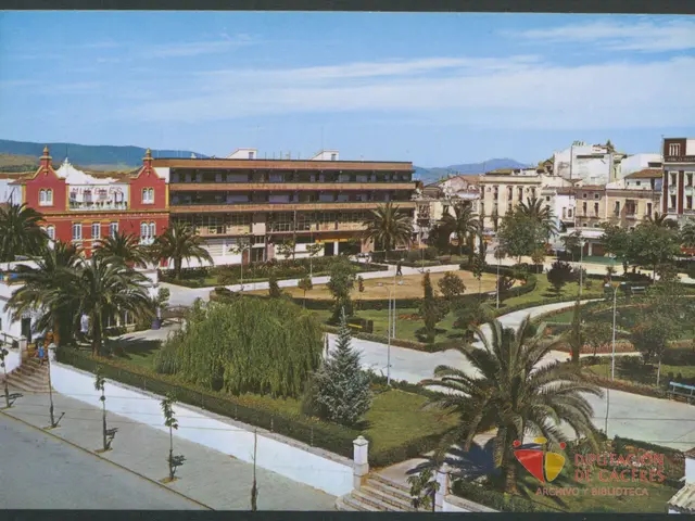 The image shows an old photo of a city with palm trees in the foreground, surrounded by buildings,...