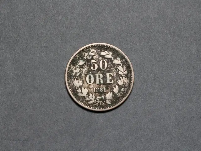The image shows a silver coin with the words "50 Ore" written on it, resting on a gray surface.