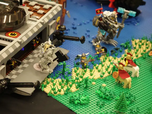 The image shows a Lego model of a castle with a lot of Lego pieces on it, including toys, plants,...