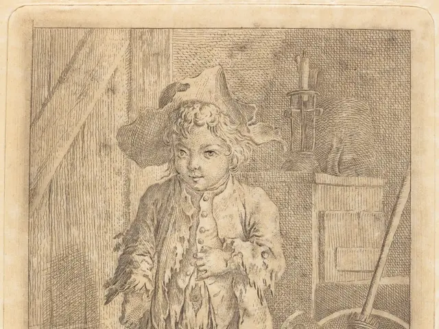 The image shows a young boy standing in front of a door, holding a broomstick in one hand and a...