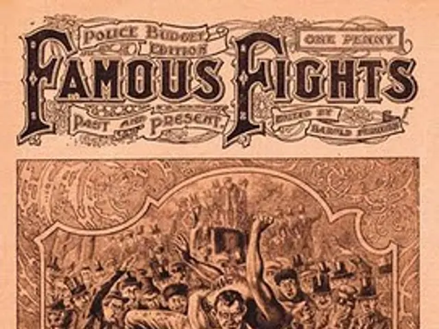 The image shows an old book with a drawing of a man in a boxing ring, surrounded by a crowd of...